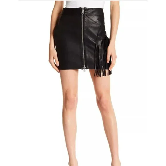 Jupe En Cuir Véritable Diesel à Franges L-Navi - Taille 27, Noir, Mi-longueur, Neuve Avec étiquettes